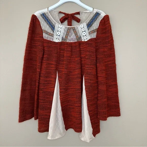 Ryu M/L Boho Sweater Bell Sleeve Cottagecore Hippie Mixed Media Artsy Rust Orang - Picture 11 of 15